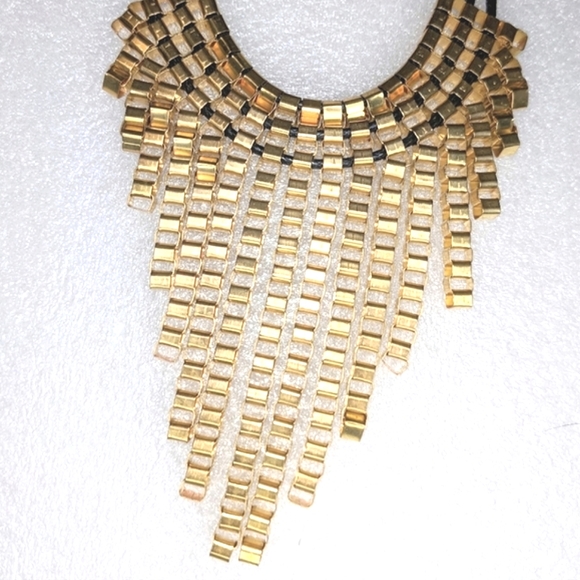 Relisting! ADIA KIBUR Necklace Statement Gold Link Metallic Bib Collar Dangle - Picture 2 of 5